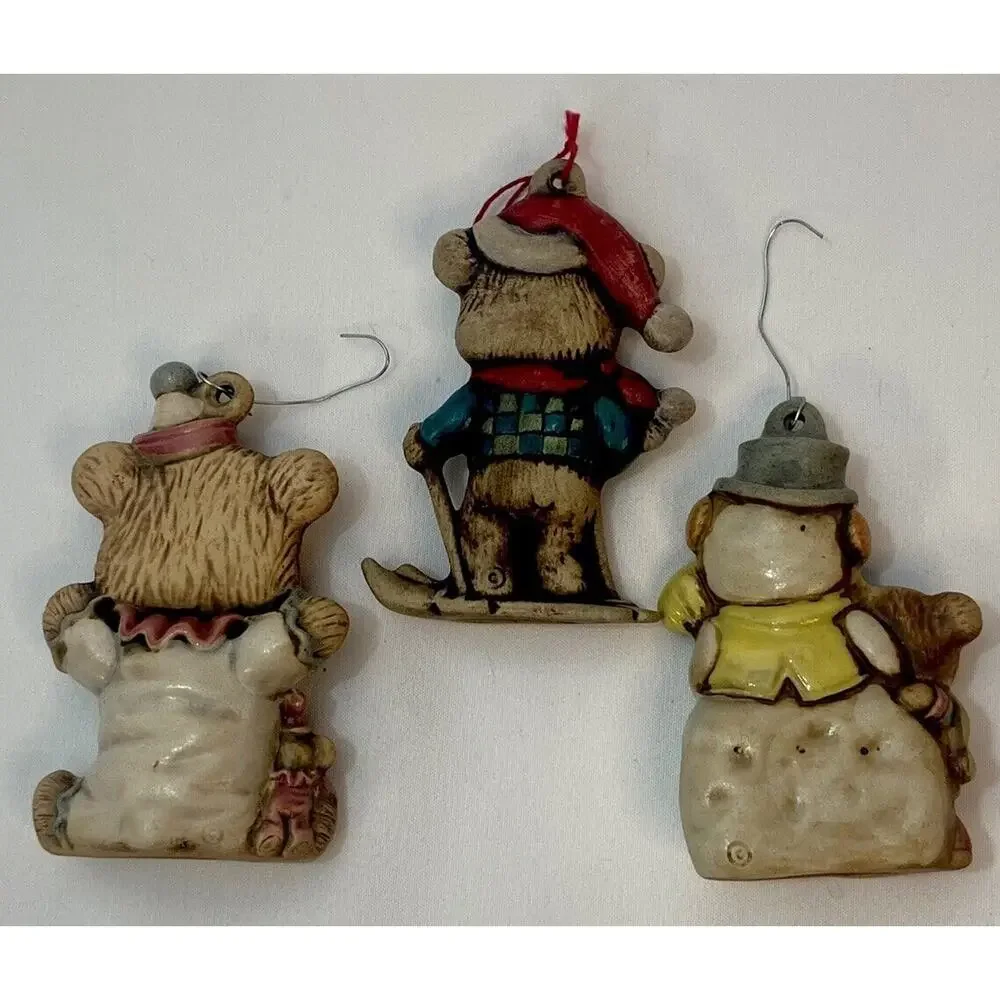 Lot of 3 Vintage Christmas Bear Ornaments Ceramic Ski Snowman Clown 80s‎